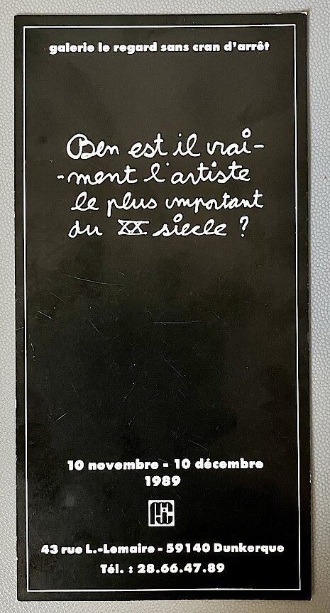 Carton d'invitation de l'expositon de Ben à la galerie Le regard sans cran d'arrêt en 1989 (118Z20)